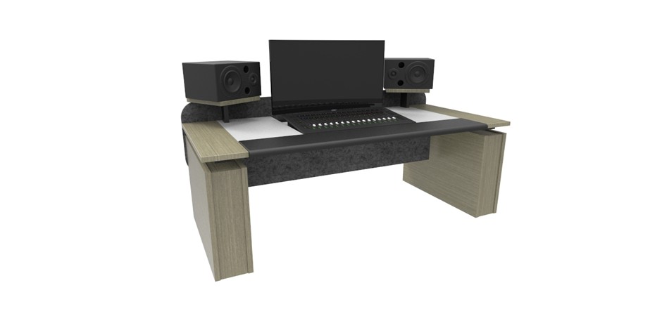 Polar White benchtop + black frame and lifting columns +  Oyster Linea straight feature panels + Oyster Linea speaker shelves + front padded leather surface + mixer cut out + front acoustic privacy panel + rear acoustic privacy panel + Oyster Linea lifting column carcasses