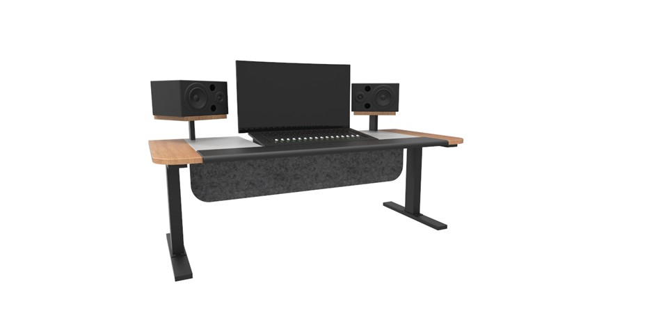 Polar White benchtop + black frame and lifting columns +  Young Beech curved feature panels + Young Beech speaker shelves + front padded leather surface + mixer cut out + front acoustic privacy panel